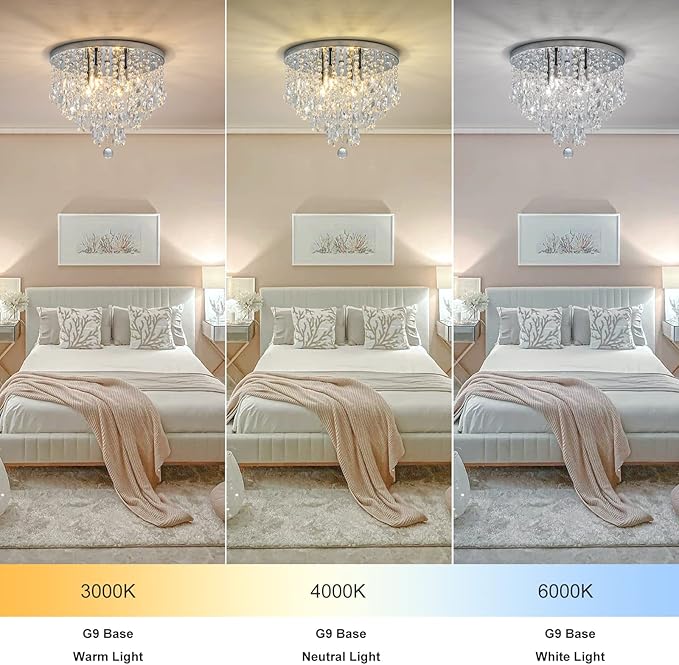4-Light Crystal Chandeliers Flush Mount, 14 Inches Bedroom Close to Ceiling Lamp, Modern G9 Base Ceiling Light Fixture for Dining Room, Bedroom, Bathroom, Living Room, Closet (Chrome)