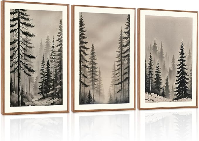 LHIUEM Abstract Misty Forest Framed Canvas Wall Art,Modern Pine Tree Wall Decor,Netural Woodland Painting,Rustic Foggy Landscape Artwork for Living Room,Bedroom,Dining Room -16"x24"x3
