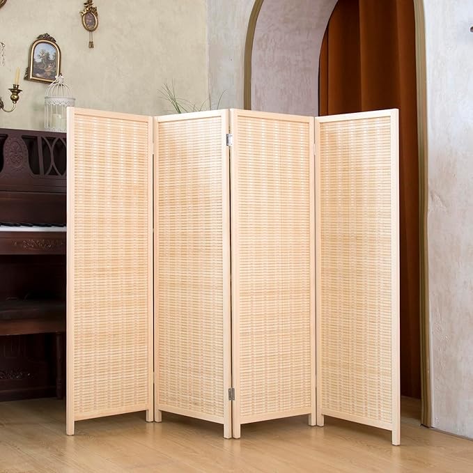 4 Panel Short Room Divider Folding Screen,47 inch Bamboo Panel Divider for Home Partition,Beige