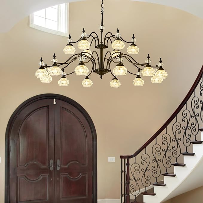 49 Inch 2 Tier Vintage Black Chandelier for Dining Room, 18-Light Antique Pendant Light Crystal Glass Shade, Modern Farmhouse Chandeliers for Foyer, High Ceiling, Hallway