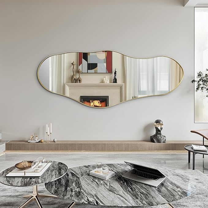 Large Asymmetrical Mirrors, Gold Irregular Shaped Mirror, 55"x22" Abstract Wall Mirror Decorative, Modern Funky Mirrors for Living Room Bathroom Bedroom Hallway Entryway Fireplace