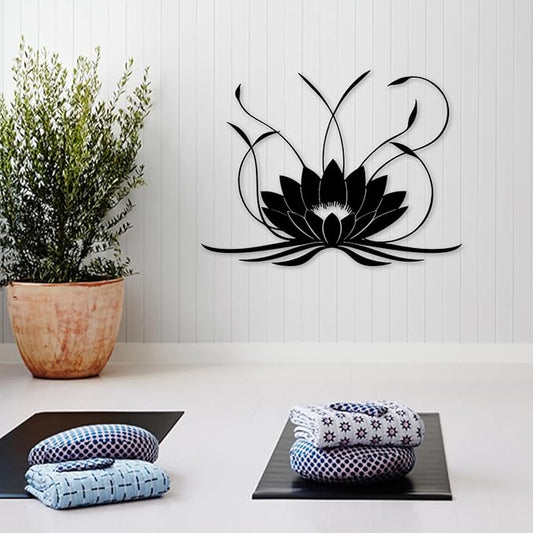 Lotus Flower Wall Art - Boho Spiritual Metal Wall Decor for Living Room (Black, 24"x18" | 60x45cm)