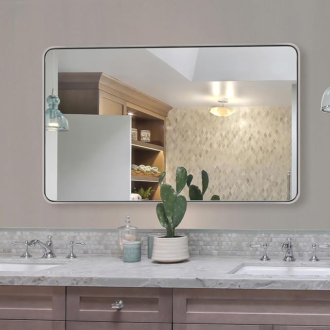 ANDY STAR 48”X30” Chrome Bathroom Mirrors, Polished Chrome Vanity Mirror, Rounded Rectangle Mirror for Wall, SUS304 Anti-Rust Tube Metal Frame, Wall Mounted Horizontal/Vertical 1’’ Deep