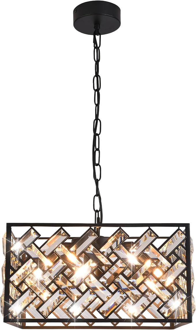 Modern Crystal Chandelier, 6-Light Black Chandeliers for Dining Room with Adjustable Chain, 51 Inch Ceiling Light Fixture for Bedroom, Foyer (Bulbs Not Included)