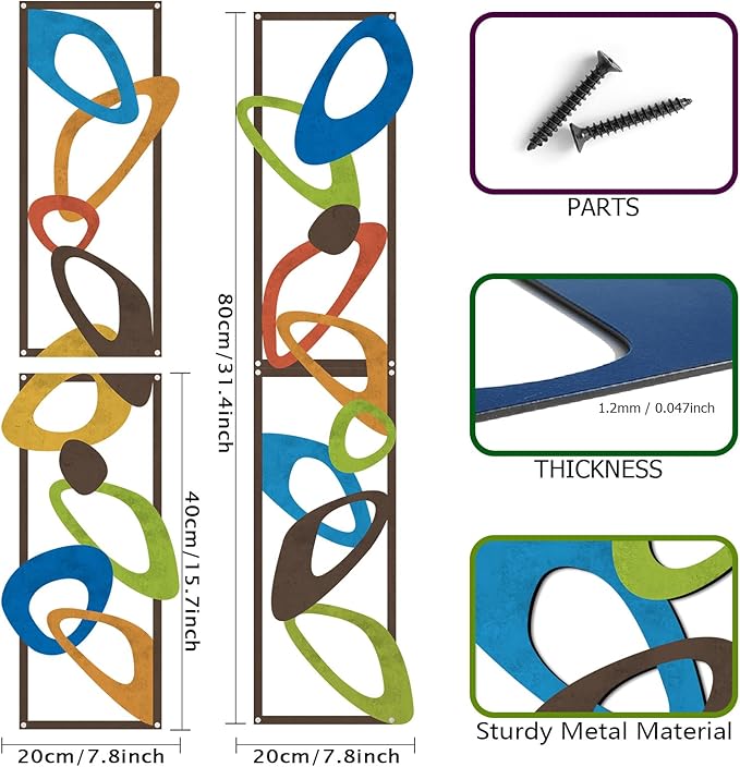 4 Pcs Mid Century Modern Decor Midcentury Retro Wall Art Elegance Wall Accents Metal Abstract Geometric Panels for Interior Wall Decor Panel Wall Art for Home Living Room