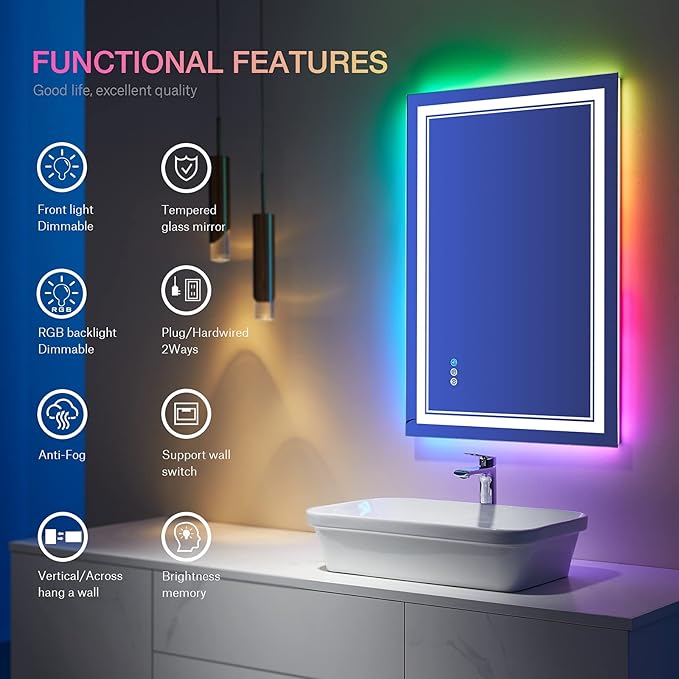 24x36 inch RGB LED Bathroom Mirror with Lights, Colorful Changing Lighted Mirror, Shatterproof Dimmable Anti-Fog LED Vanity Mirror for Bathroom (RGB Backlit + Front-Lit)