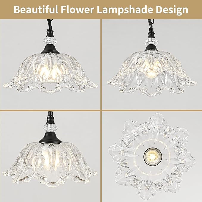 1 Piece Black Chandelier Light Fixtures with Crystal Glass Shade, Black Farmhouse Pendant Light,Hanging Light for Dining Room,Hallway,Living Room,Bedroom