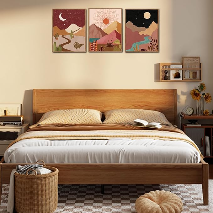 LHIUEM Modern Boho Framed Canvas Wall Art Set of 3(12”X16”) Moon and Sun Modern Desert Art Painting Nature Southwest Landscapes Artwork Rustic Mountain Wall Decor Framed Desert Art for Home Office