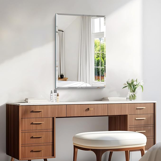 KOCUUY Frameless Bathroom Mirror, 16x24 Inch Beveled Mirror for Over Sink, Upgraded Shatterproof Unframed Design with Beveled Edge Mirror for Bathroom, Bedroom, Entryway, Hang Horizontal/Vertical