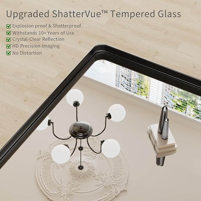 Koonmi Black Wall Mirror for Bathroom, 30x30 Inch Matte Deep Framed Rounded Rectangle Vanity Mirror for Farmhouse Living Room, Tempered Glass, Anti-Rust, Vertically or Horizontally