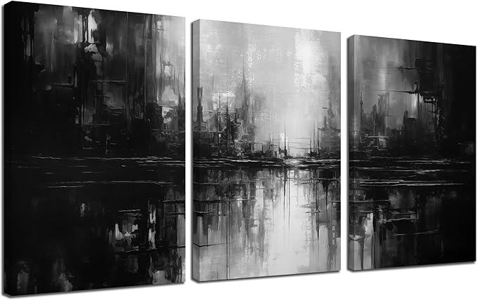 Large Abstract Canvas Wall Art for Living Room,Black and White Pictures Wall Art for Bedroom 16 x 24 Inch x 3 Pieces