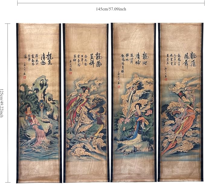 CIFIBIFUN Wall Flying Apsaras Traditional Art Prints Posters Painting Vintage Style,4 Panels Super Large Home Decorative Wall (Super Old Aging Paper, B Japan Painting)