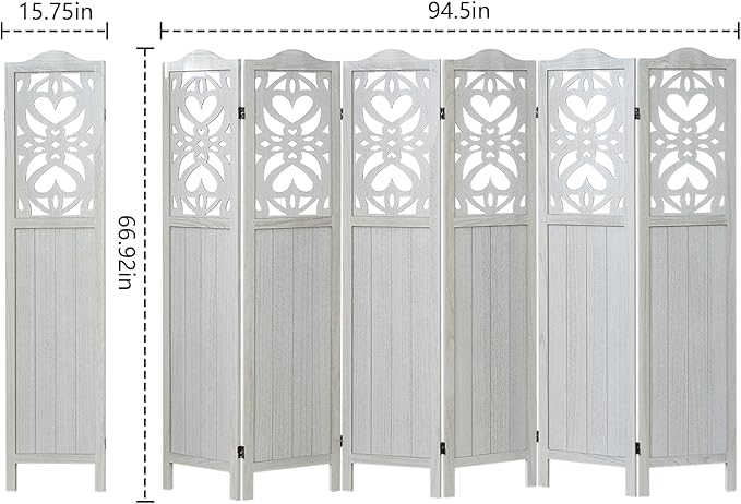 6 Panel Wood Room Divider 5.6Ft Carved Room Divider and Folding Privacy Screen, Minimalism Portable Partition Screen Divider for Room Separation, Room Decoration for Home Office - White