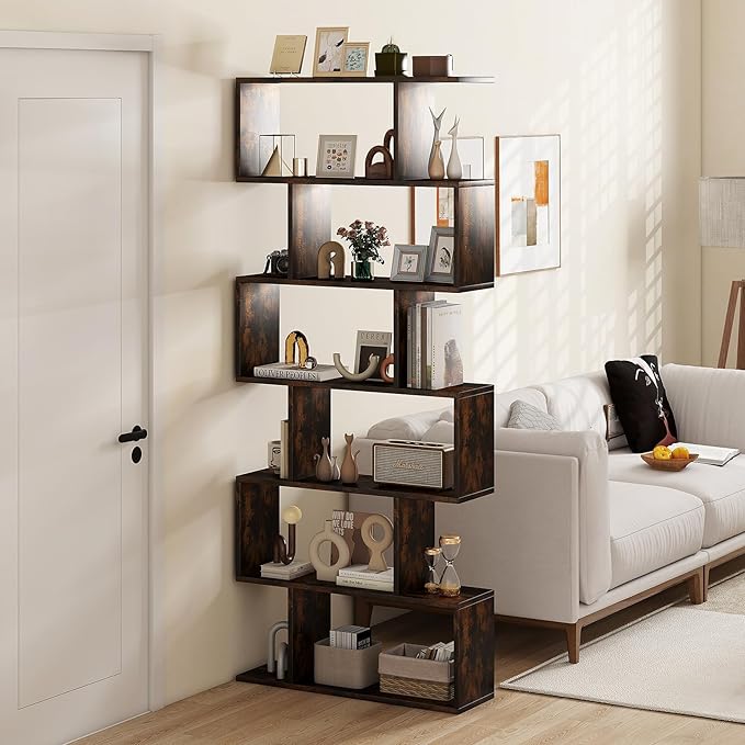 6 Tier Geometric Bookcase, S Shaped Bookshelf, Book Shelf Room Divider, Wood Freestanding Display Shelves, 75 Inch Staggered Bookshelf for Bedroom Living Room (1, Rustic Brown)