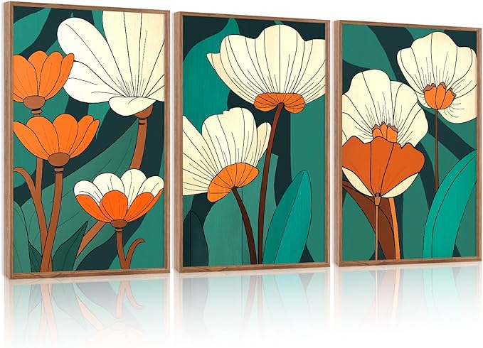 CHDITB Modern Floral Framed Canvas Wall Art Set, Nature Flowers Wall Decor, Abstract Orange Flower Artwork, Wildflowers Picture, Vintage Green Art Prints for Living Room, Bedroom, Office 16"x24"x3