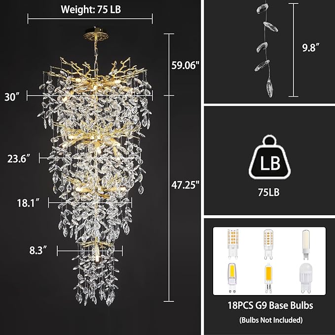 47'' Long Crystal Chandelier for High Ceiling, 25-Light Modern Gold Tree Branch Chandelier, Large Chandeliers for Staircase Foyer Entryway Living Room, 4-Tier Luxury K9 Raindrop Light Fixture- Upgrade