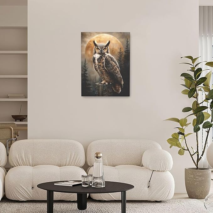 Cabin Owl Wall Art Moon and Forest Canvas Wall Decor Rustic Animal Pictures Paintings Prints Mystical Wildlife Artwork Framed Decorations For Bathroom Bedroom Living Room Office Gifts 12" x 16"