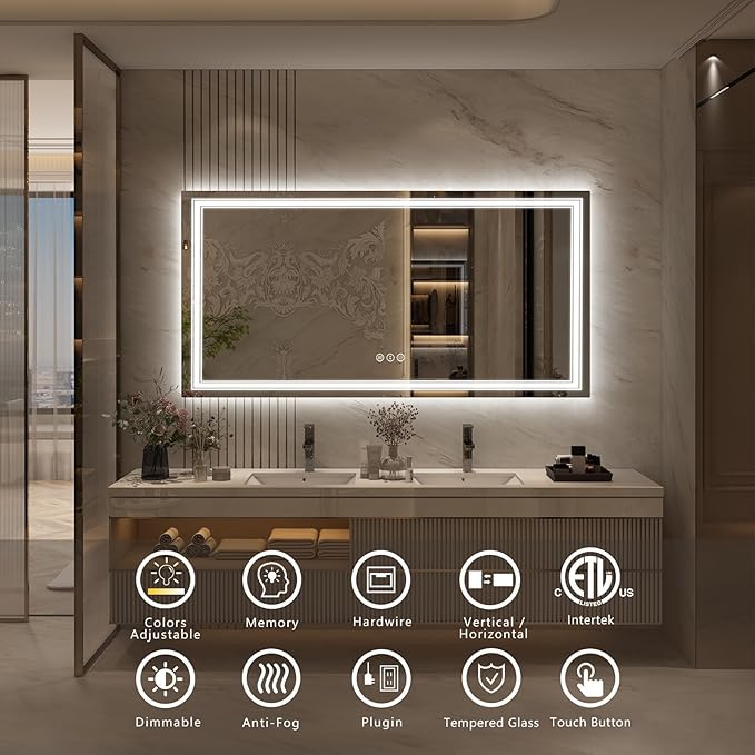 60x30 Inch LED Bathroom Mirror for Wall, Illuminated Vanity Mirror with Lights, Dimmable, Anti-Fog, Shatter-Proof, ETL Listed (Backlit and Front Lighted)