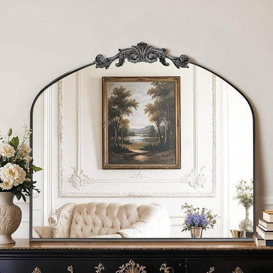 MISSDAY Vintage Matte Black Baroque Mirror for Wall, 36"X30" Arched Antique Wall Mirror with Elegant Carving Top, Full Metal Frame Wall-Mounted Mirror for Bathroom, Living Room, Fireplace, Entryway