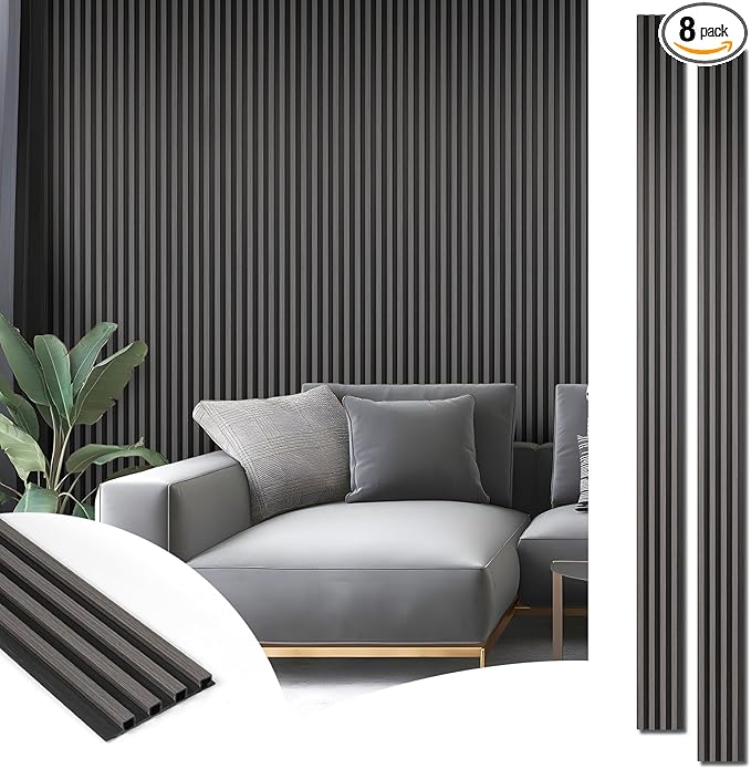 Art3d 8-Pack WPC Wood Slat Wall Panel for Interior Wall Décor, 3D Wood Fluted Acoustic Wall Paneling for Living Room Bedroom Home & Office Accent Wall Decor - 96 x 6 Inch Grey