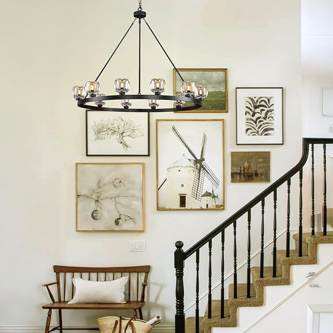 Black Wagon Wheel Chandelier, 48 Inch Black Chandeliers with Unique Glass Shade, 12-Light Crystal Large Wagon Wheel Chandeliers for Dining Room, High Ceiling Round Chandelier for Living Room, Foyer