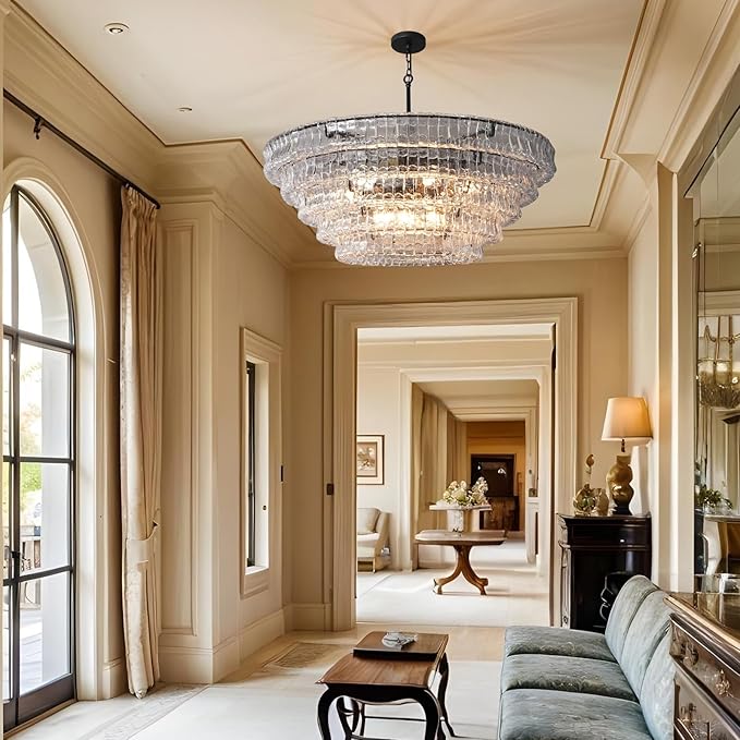 47 Inch Round Chandelier Clear Glass, Extra Large Drum Pendant Light for Dining Room, Modern Crystal Glass Ceiling Fixture Perfect for Living Room, Foyer