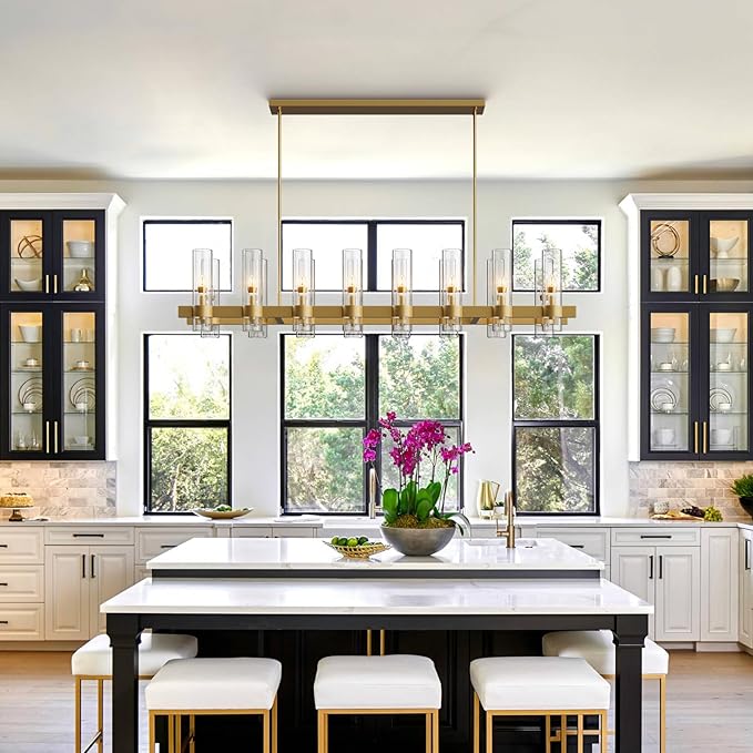 Brass Rectangle Kitchen Island Lights, Farmhouse Linear Rectangular Chandelier with Glass Shades, 16 Lights Gold Lighting Fixtures Industrial Pendant Light for Dining Room Over Table