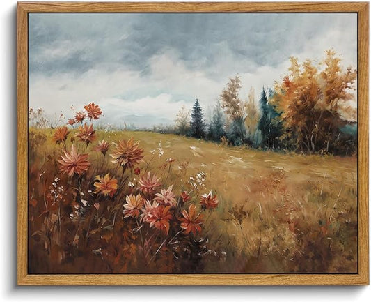 KISSFOX Vintage Fall Countryside Framed Wall Art Autumn Wildflower Forest Landscape Canvas Art Farmhouse Floral Golden Fields Paintings Artwork Rustic Serene Art Prints For Kitchen Living room Bedroom