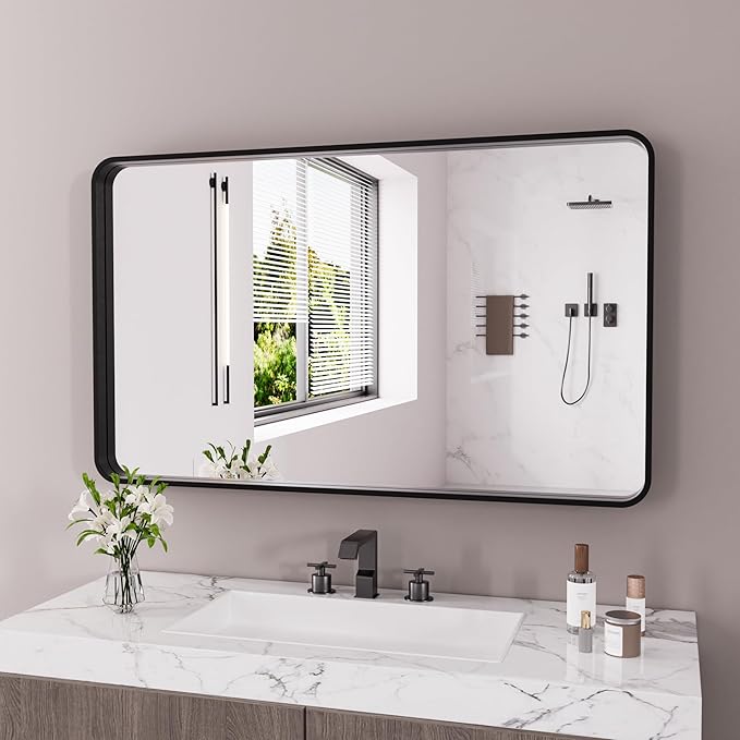 Black Bathroom Mirror 60X36 Inch, Black Metal Framed Mirror for Wall, Rounded Rectangle Matte Bathroom Vanity Mirror with Tempered Glass, Anti-Rust, Horizontal/Vertical
