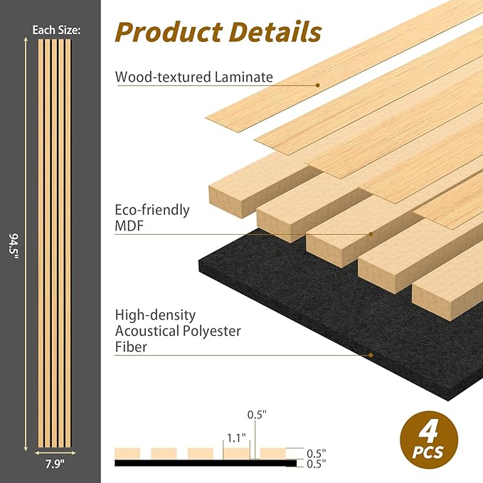 4-Piece Acoustic Wood Wall Panels for Wall and Ceiling, 3D Fluted Soundproof Wood Slat Wall Panels for Interior Wall Decor, 94.5" x 7.9"-Light Walnut