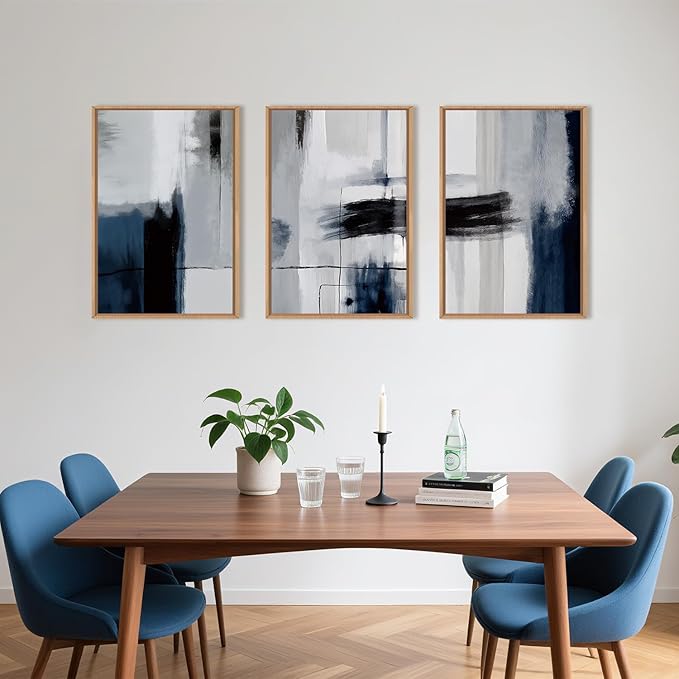Abstract Blue and Gray Framed Canvas Print Wall Art Set,Modern Neutral Geometric Line Wall Decor,Minimalist Navy Blue Pastel Grunge Brush Strokes Artwork for Living Room,Bedroom-16 x24 x3