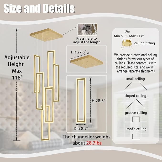 Modern Chandelier,6 Ring Led Foyer Chandeliers,Larger High Ceiling Chandelier for Living Room,Gold Rectangle Chandelier for Entryway Staircase LED Dimming 2700k-6000k