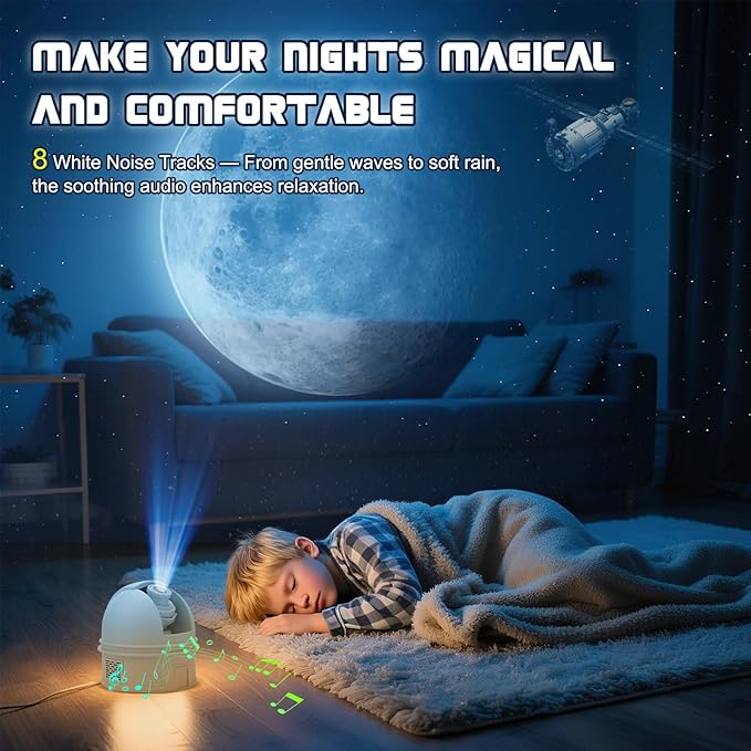 Observatory-Inspired Star Projector for Kids & Adults – HD Focus Adjustable Galaxy Lamp with 12 Discs, Voice Astronomy Education, Auto Shut-Off, White Noise, Rotating & Brightness Control