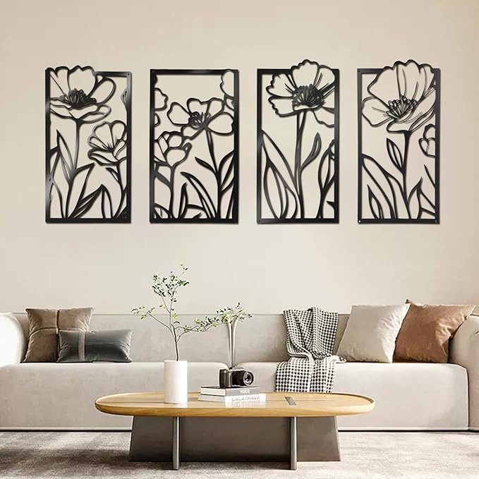 Metal Wall Art Flowers Set of 4, Framed Flower Wall Art for Living Room Bedroom Entryway, 4-Piece Floral Wall Decor, Enhance Home Ambiance with Harmonious Energy, Metal Wall Decor with Positive Vibes (Black, 40" x 21"/102x54cm, Framed)