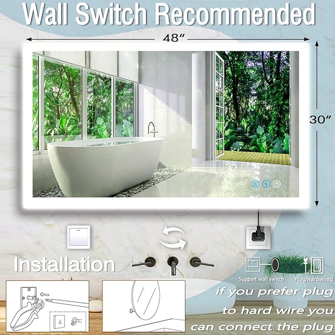 48x30 Inch Backlit Lighted LED Mirror for Bathroom Wall 48 Inch LED Bathroom Vanity Mirror with Lights Bathroom LED Vanity Mirror Antifog 3 Color Dimmable Backlit Light up Smart LED Mirrors