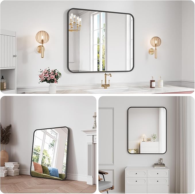 Koonmi Bathroom Mirror, 30X30 Inch Black Metal Framed Mirror for Bathroom, Tempered Glass, Anti-Rust, Rounded Rectangle Mirror for Restroom, Bedroom, Black