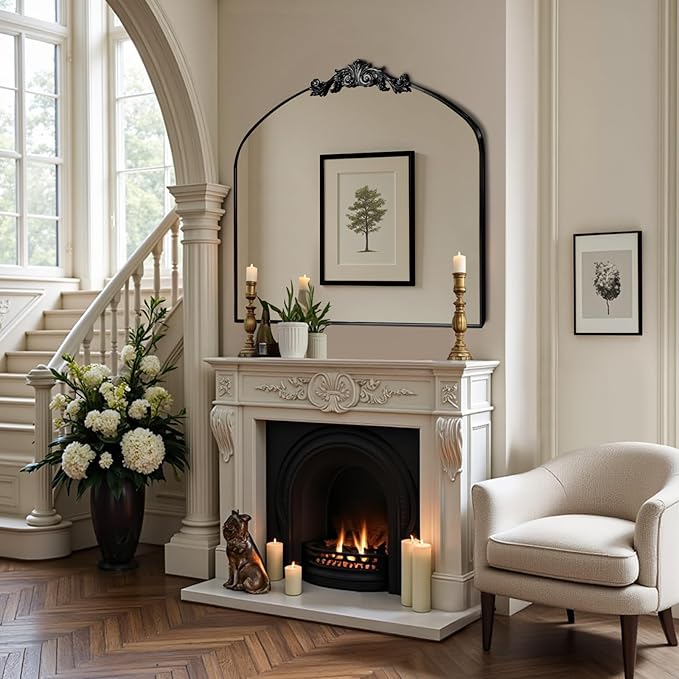 MISSDAY Vintage Arched Baroque Mirror for Wall, 36"X30" Antique Wall Mirror with Elegant Carving Top, Full Metal Frame Wall-Mounted Mirror for Bathroom, Living Room, Fireplace, Entryway, Matte Black