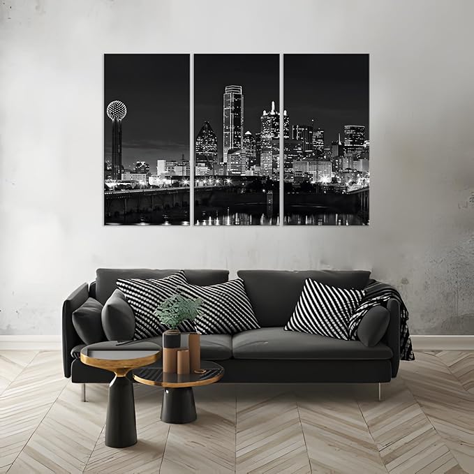 NAN Wind 3 Pcs Dallas Skyline Canvas Wall Art Black and White Cityscape Night Scene Modern City Giclee Prints on Canvas Framed Urban Home Decor Skyscrapers Picture Painting for Room Decor