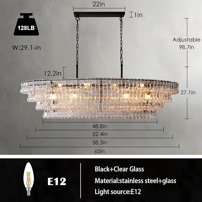 65 Inch Large Rectangular Black Chandelier for Dining Room, Clear Glass Drum Modern Pendant Light Fixture, Extra Long Kitchen Island Lighting