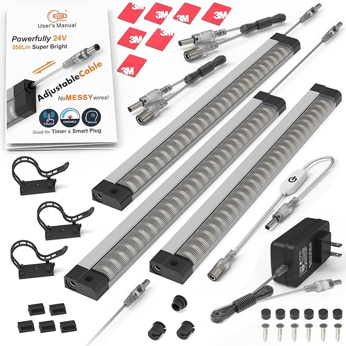 LED Under Cabinet Lighting Touch Under Cabinet Lights Built-in Adjustable Cable & External Cable 3 Panel Under Counter Lights for Kitchen 12W 1350Lm 3000K Warm White Closet Light for Timer