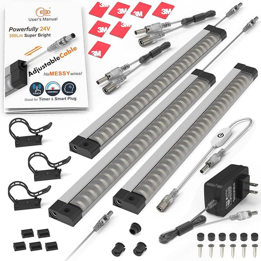 LED Under Cabinet Lighting Touch Under Cabinet Lights Built-in Adjustable Cable & External Cable 3 Panel Under Counter Lights for Kitchen 12W 1350Lm 3000K Warm White Closet Light for Timer