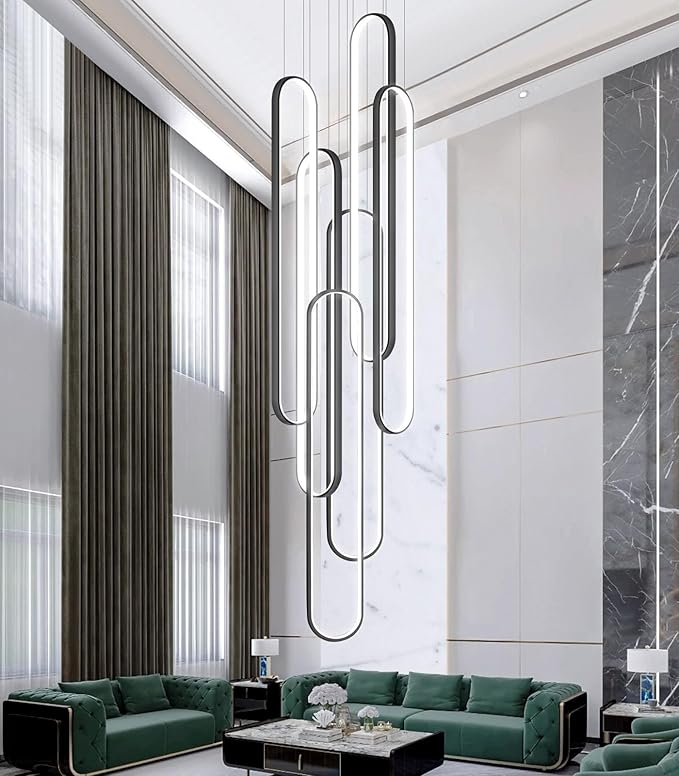 6-Rings Modern Chandelier, LED Black Large Contemporary Light for Staircase, Dimmable Flush Mount High Ceiling Chandeliers with Remote Control for Villa Foyer