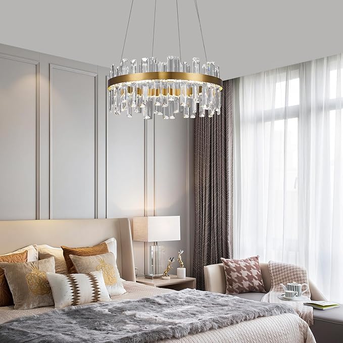 Modern Gold Crystal Led Chandelier: 19.7" Dimmable 3 Color Round Contemporary Dining Room Light Fixture over Table - K9 Adjustable Chandeliers Lighting for Bedroom Living Kitchen Island Entryway Foyer