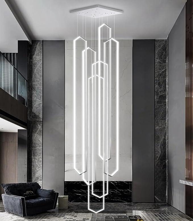 6 Rings Large Chandelier for Staircase Modern High Ceiling Chandelier LED Dimmable Chandeliers for Foyer Living Room Villa Silver