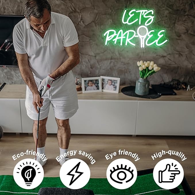 Let's Par Tee Neon Sign for Wall Decor - Green White LED Golf Ball Light - Dimmable Hanging Sign for Golf Club, Bedroom, Man Cave, Party
