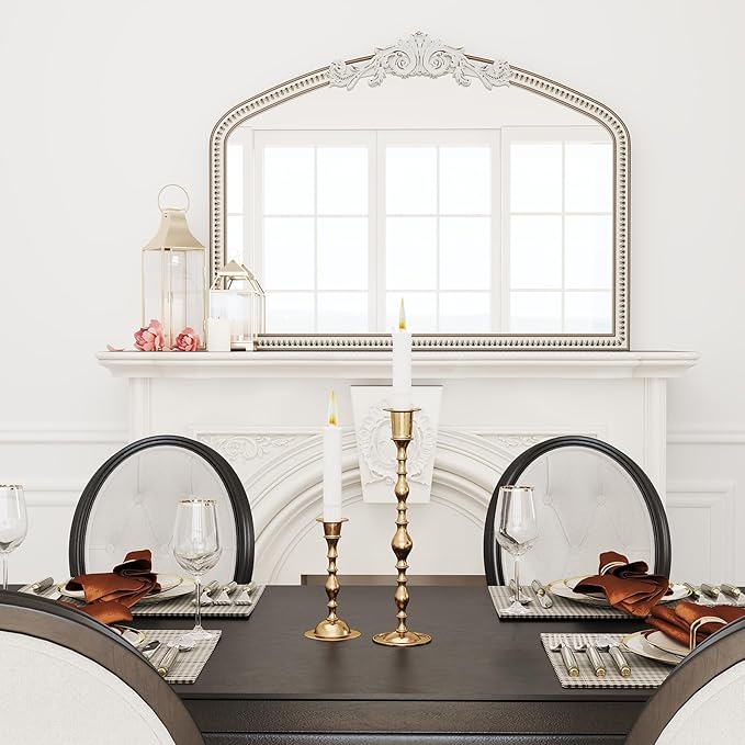 42''x32'' Baroque Wide Arched Wall Mirror, Ornate Wooden Farmhouse Arch Decorative Mirrors for Entryway, Fireplace, Bathroom with Beads Decor