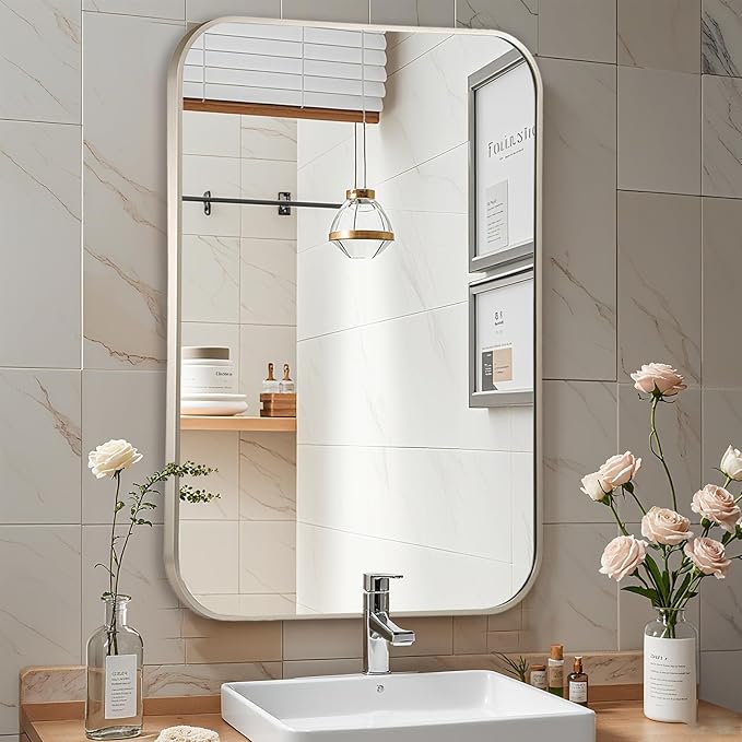 Brushed Nickel Mirror, 22x30 Inch Brushed Nickel Rectangle Mirror, Aluminum Alloy Framed Vanity Mirror, Rounded Rectangle Bathroom Mirror for Over Sink, Anti-Rust