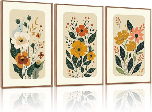 LHIUEM Boho Floral Botanical Framed Canvas Wall Art Set,Abstract Vintage Beige Wall Decor,Minimalist Wildflowers Artwork for Living Room,Bedroom,Dining Room,Office -16"x24"x3
