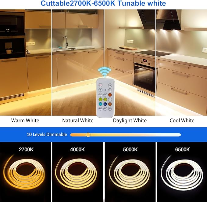 CCT COB LED Strip Light 9.84ft, Tunable White Warm White to Cool White LED Strip, 608LEDs/M DC24V Tape Light, CRI90+, Bluetooth App Control, Dimmable Strips for Bedroom, Office, DIY Lighting.