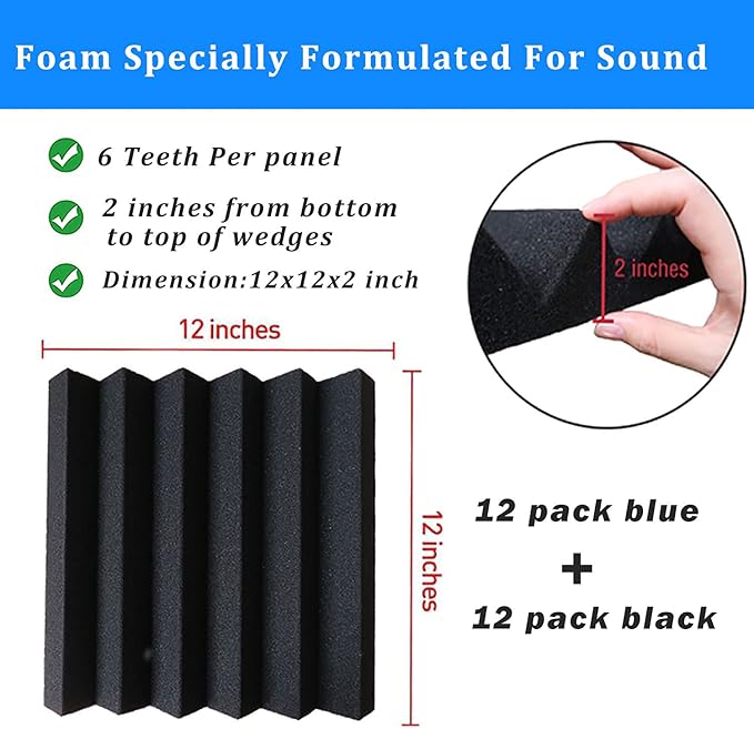 24 Pack Acoustic Foam Panels,2" x 12" x 12"Fireproof Soundproof Foam Sound Absorbing Noise Cancelling Panels for Recording Studios, Home, Offices Walls Ceiling（12 Blue+12 Black）